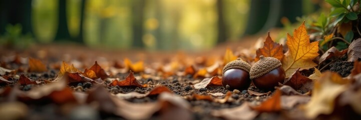 Forest floor covered in chestnuts and dry leaves, seasonal change, woodsy atmosphere