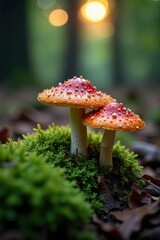 Fototapeta premium Forest floor covered with mushroom caps at dusk, moss, decay process, woodland floor