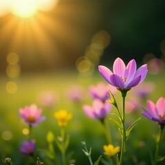Close-up shot of delicate purple and yellow wildflowers in a meadow at golden hour, nature, wild