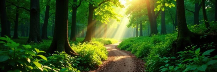 Fototapeta premium Forest path winding through dense foliage and sunlight, sunlight, dense