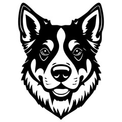 A black and white dog head logo illustration looking to the front
