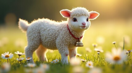 Fototapeta premium Lamb with detailed wool and a bell, standing in a vivid daisy field under natural sunlight