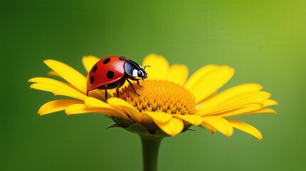 Ladybug with sharp outlines, vibrant red shell, and a contrasting daisy petal