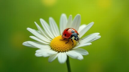 Fototapeta premium Ladybug with sharp outlines, vibrant red shell, and a contrasting daisy petal