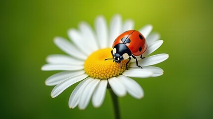 Fototapeta premium Ladybug with sharp outlines, vibrant red shell, and a contrasting daisy petal