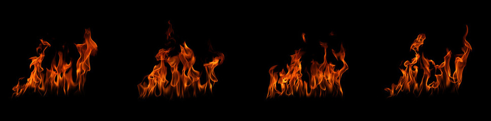 Flames collection. Flames at night on black background. Fire images for background and design.
