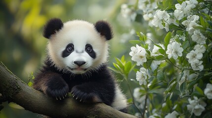 Obraz premium A serene panda sits poised on a tree branch, its expressive eyes and gentle mouth captivating in a soft-focused forest backdrop