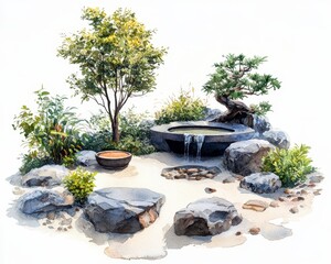 Zen Garden Illustration With Stones Plants And Water Feature