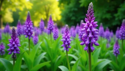 Obraz premium Liriope plant in full bloom with purple flowers, green, garden
