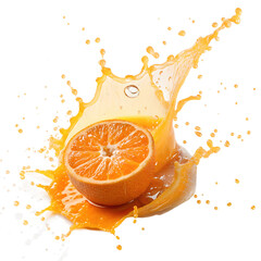 A vibrant splash of orange juice with a slice of orange in the center. The juice is spread all over the counter, creating a messy and colorful scene