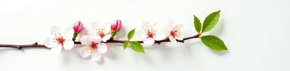 Obraz premium Single branch with leaves and flowers on white surface, growth, flowers, blossoming