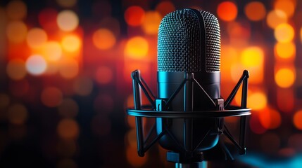 Microphone Silhouette: A close-up shot of a sleek microphone, framed against a soft background of vibrant bokeh lights. This image captures the essence of sound