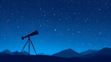 Night Sky Starlit Landscape with Telescope and Mountains in Background