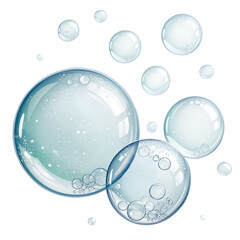 A series of blue bubbles floating in the air on transparency background