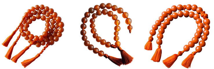  set of Hetian stone prayer beads, in an orange color, with a tassel at the end of each bead, featuring Chinese-style elements, on a transparent background PNG