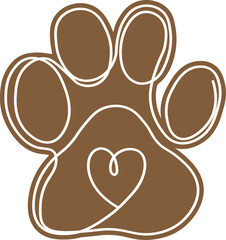 Warm Brown Paw Print with Heart Line Vector
