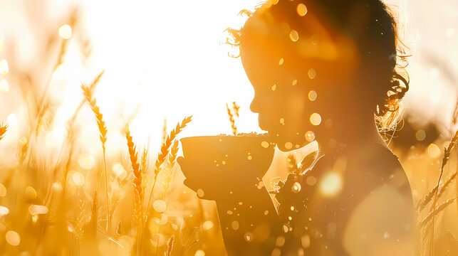 a child enjoying a bowl of cereal, blended seamlessly with a golden wheat field. - Powered by Adobe