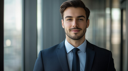 Fototapeta premium Young businessman exuding confidence in formal attire, embodying professionalism and determination.