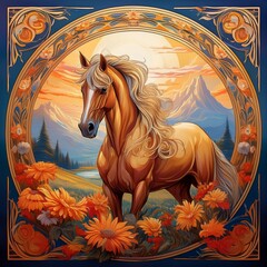 An art deco style image of a horse with floral accents. 