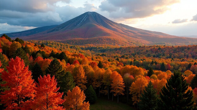Aerial view of Jaffery, New Hampshire showcasing Mount Monadnock during peak fall foliage.  Depth of field, vibrant colors, warm lighting, serene atmosphere.  Professional quality, realistic style,  e