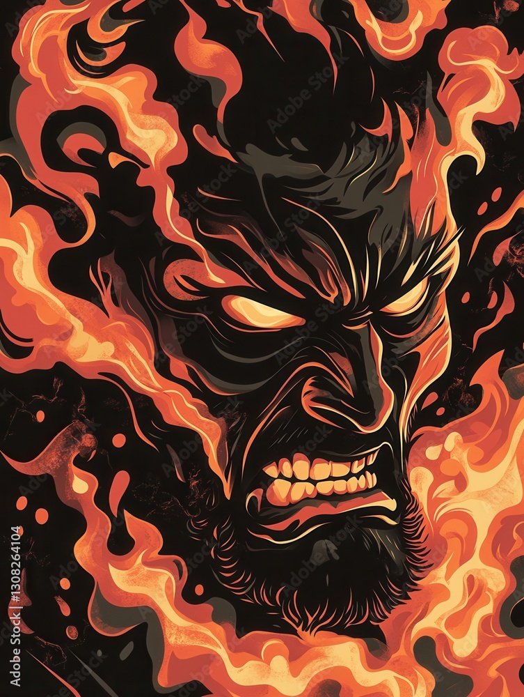 Poster intense illustration of an angry person engulfed in flames with a fierce expression showcasing bold 