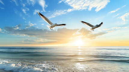 Fototapeta premium Sunrise beach view with seagulls in Summer.