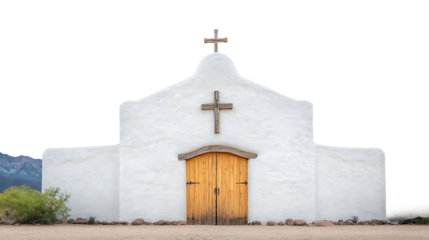 Traditional White Adobe Church with Wooden Doors on transparent background Generative Ai