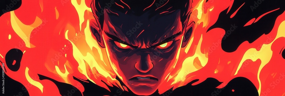 Poster angry person surrounded by flames with intense expression symbolizing rage and passion in bold color