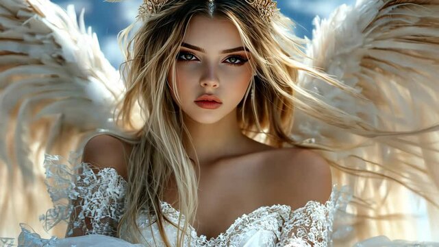 pretty angle wearing gorgeous gown and headdress with white wings