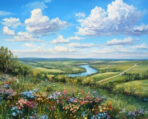 Panoramic view of a river valley, colorful wildflowers on a hilltop, vibrant landscape under a clear blue sky with puffy clouds.