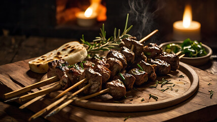 Succulent lamb skewers served with grilled flatbread and herbs in a cozy setting