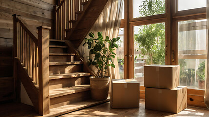 Cozy entryway with moving boxes and a potted plant, highlighting wooden stairs and natural light