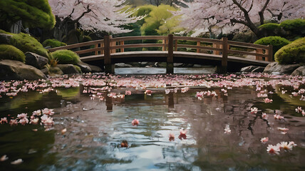 Idyllic wooden bridge over a pond filled with cherry blossoms and floating petals