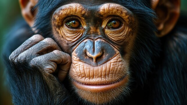 Captivating glimpse of a chimpanzee's visage, left hand tenderly cradling its chin; eyes brimming with curiosity amidst a soft-focus backdrop. 