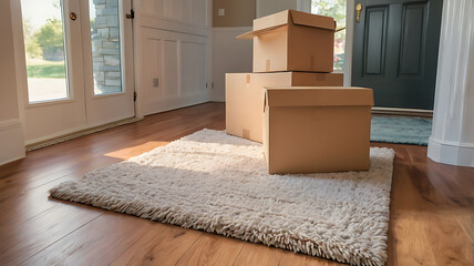 Neatly stacked moving boxes on a plush rug near the entrance of a beautiful home