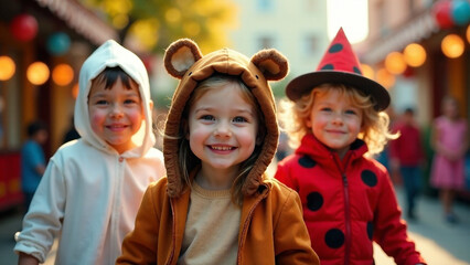 Fototapeta premium Children dressed in fun carnival costumes including ghost, squirrel, ladybug, and magician. Depth of field, whimsical mood, vibrant lighting, festive atmosphere. Photorealistic style, high quality. 