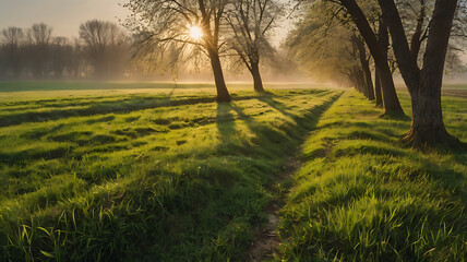 Soft sunrise filtering through trees over a lush green field with shadows