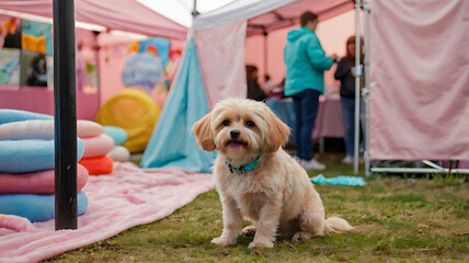 Charming dog sitting happily at a pet adoption fair with colorful blankets and tents