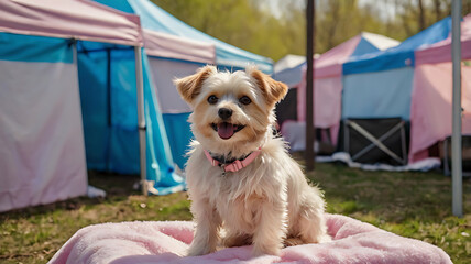 Happy Yorkshire Terrier sitting on a soft blanket at a pet adoption fair with colorful tents