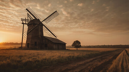 Rustic windmill at sunrise with golden fields and dramatic sky