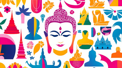 Obraz premium Colorful Buddha and Traditional Asian Symbolic Illustrations