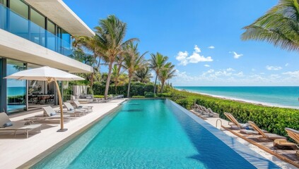 Fototapeta premium Luxurious beachfront villa with infinity pool overlooking the ocean.