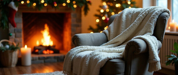 Generate a photo of a cozy blanket draped over a chair by a warm fireplace, adorned with Christmas decorations.  Focus on depth of field, creating a warm and inviting mood with soft, ambient lighting.