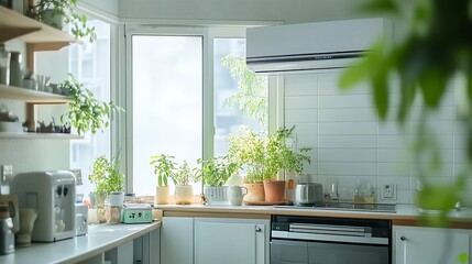 Bright Kitchen Filled with Plants Near Window in Daytime
