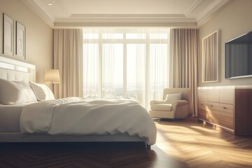 Fototapeta premium Luxurious bedroom interior with a view.