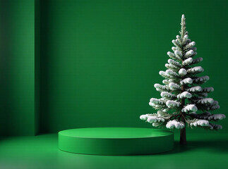 Generate an AI photo of a green round podium for Christmas or winter products, placed beside a snow-covered minimalist Christmas tree against a dark green backdrop.  Include dramatic lighting and shad
