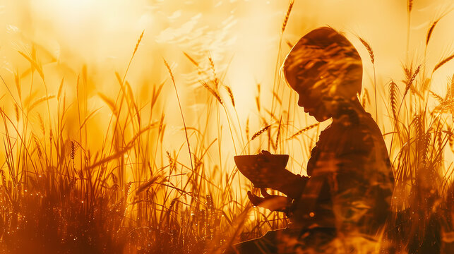 a child enjoying a bowl of cereal, blended seamlessly with a golden wheat field.