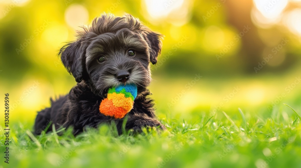 Poster Playful puppy enjoys bright chew toy on lush grass under soft natural light during warm afternoon Generative AI