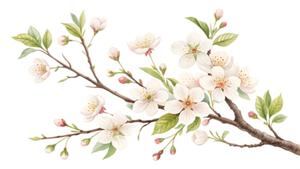Watercolor Cherry Blossom Branch Isolated on White Background