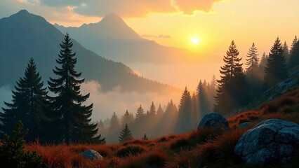 Sunlight piercing through a dense fog at sunrise, illuminating a mountain forest of spruce trees in autumn.  Focus on depth, a serene mood, warm lighting, and a misty atmosphere.  High resolution, pho